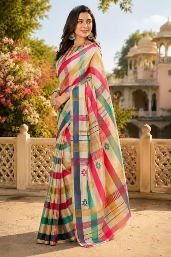 off white chanderi cotton printed party wear festive 1 minute ready to wear saree with unstitched blouse piece