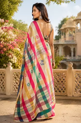 off white chanderi cotton printed party wear festive 1 minute ready to wear saree with unstitched blouse piece