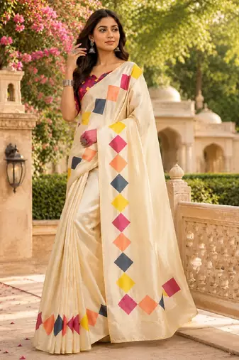 off white pink chanderi cotton printed party wear festive 1 minute ready to wear saree with unstitched blouse piece