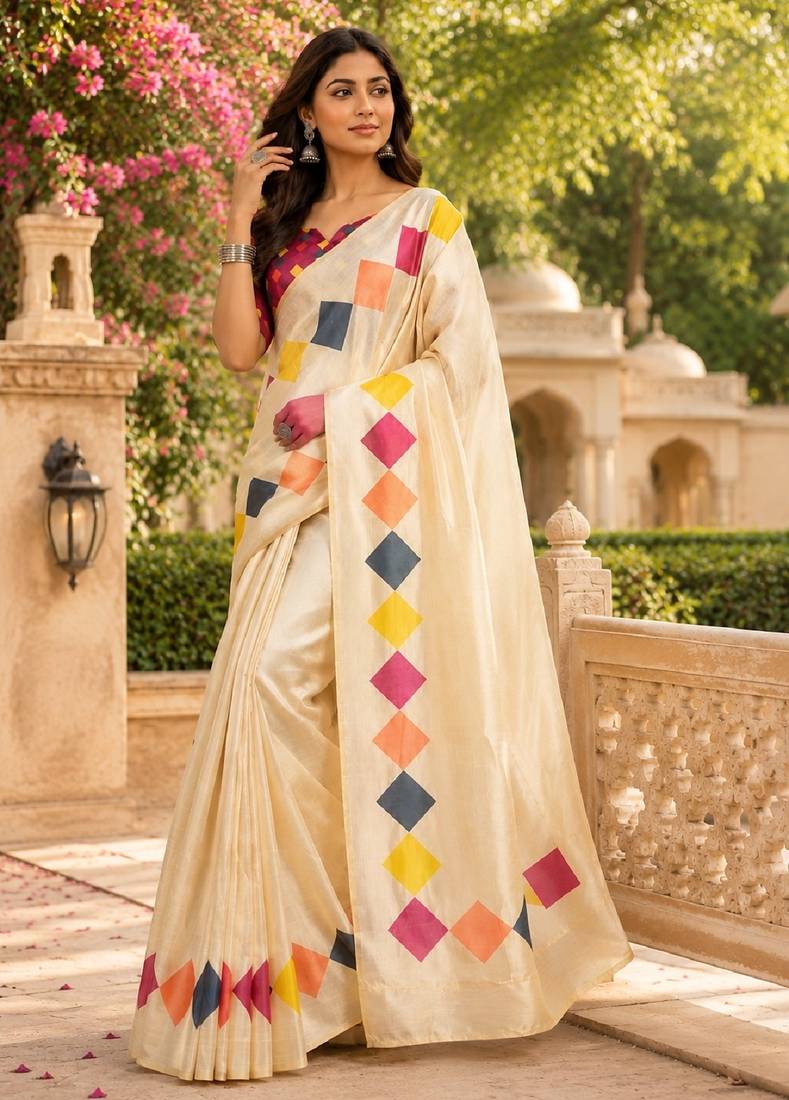 off white pink chanderi cotton printed party wear festive 1 minute ready to wear saree with unstitched blouse piece