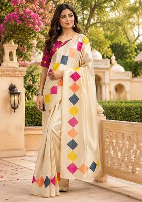 off white pink chanderi cotton printed party wear festive 1 minute pre-stitched saree piece 2