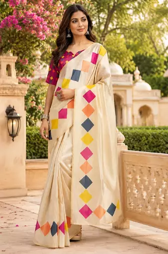 off white pink chanderi cotton printed party wear festive 1 minute pre-stitched saree piece
