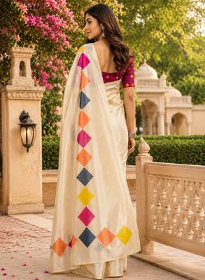 off white pink chanderi cotton printed party wear festive 1 minute pre-stitched saree piece 4