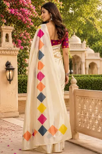 off white pink chanderi cotton printed party wear festive 1 minute pre-stitched saree piece