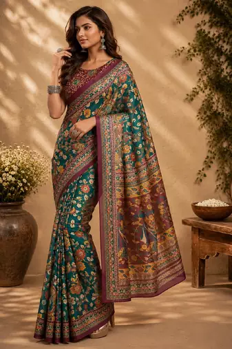 rama purple chanderi cotton printed  party wear festive 1 minute ready to wear saree with unstitched blouse piece