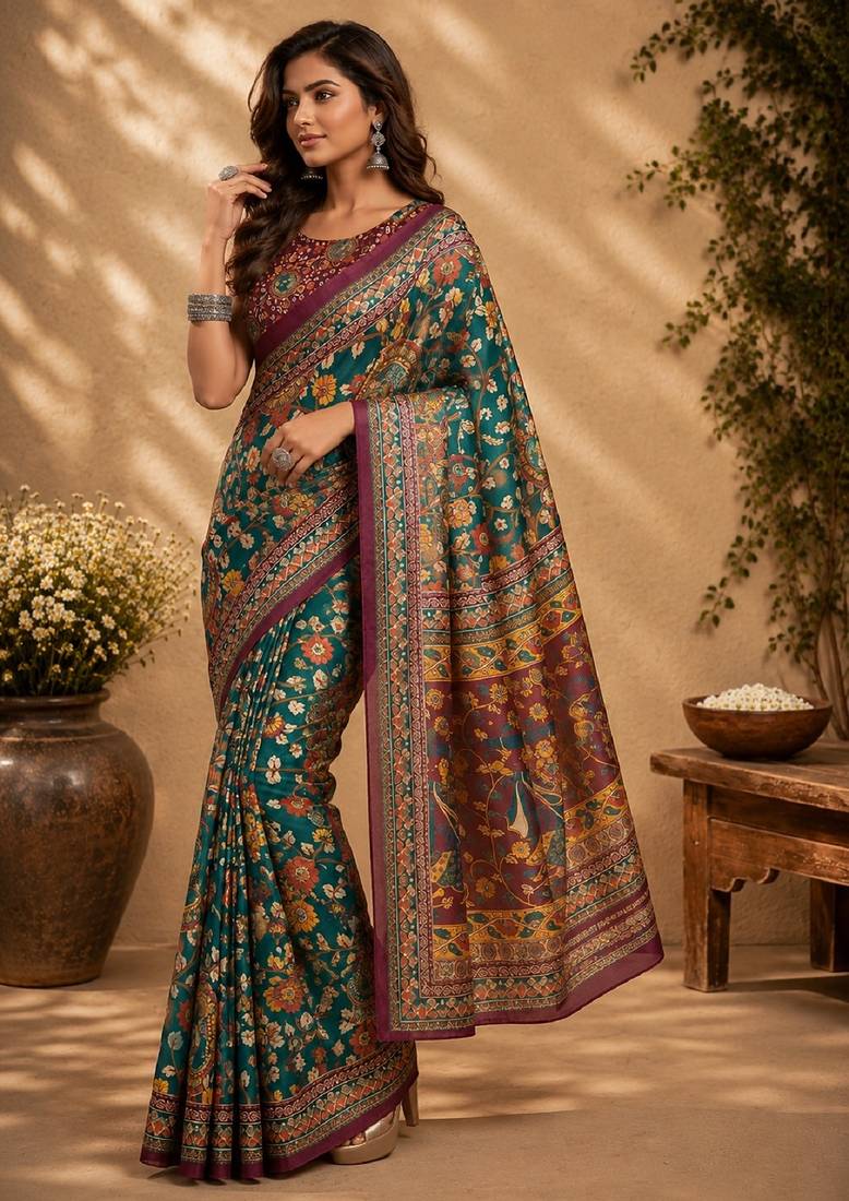 rama purple chanderi cotton printed  party wear festive 1 minute ready to wear saree with unstitched blouse piece
