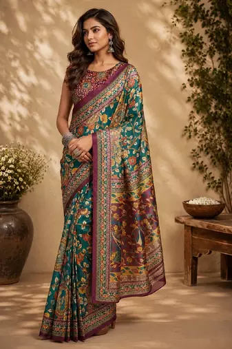 rama purple chanderi cotton printed  party wear festive 1 minute ready to wear saree with unstitched blouse piece