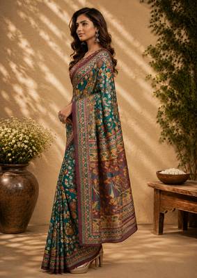 rama purple chanderi cotton printed party wear festive 1 minute ready to wear saree with unstitched blouse piece 3