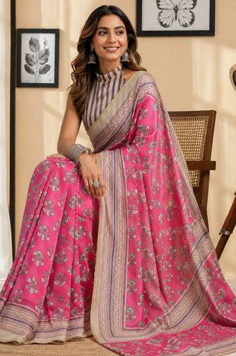 pink white chanderi cotton printed  party wear festive 1 minute ready to wear saree with unstitched blouse piece