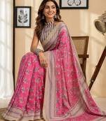 pink white chanderi cotton printed  party wear festive 1 minute ready to wear saree with unstitched blouse piece