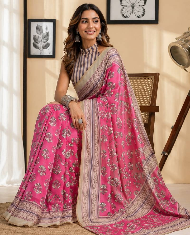 pink white chanderi cotton printed  party wear festive 1 minute ready to wear saree with unstitched blouse piece