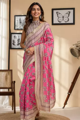 pink white chanderi cotton printed  party wear festive 1 minute ready to wear saree with unstitched blouse piece