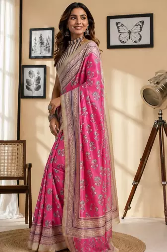 pink white chanderi cotton printed  party wear festive 1 minute ready to wear saree with unstitched blouse piece