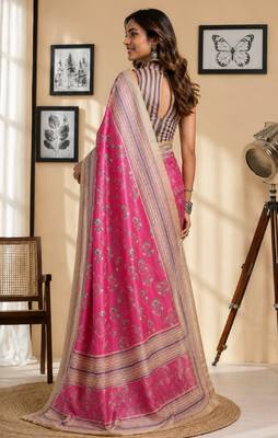 pink white chanderi cotton printed party wear festive 1 minute ready to wear saree with unstitched blouse piece 4