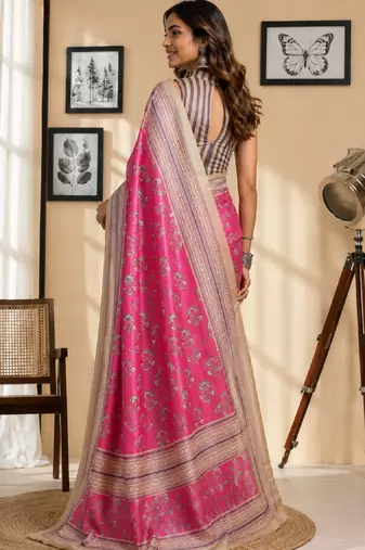 pink white chanderi cotton printed  party wear festive 1 minute ready to wear saree with unstitched blouse piece