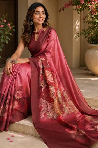 pink maroon chanderi cotton printed party wear festive 1 minute ready to wear saree with unstitched blouse piece