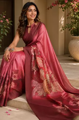 pink maroon chanderi cotton printed party wear festive 1 minute ready to wear saree with unstitched blouse piece