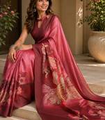 pink maroon chanderi cotton printed party wear festive 1 minute ready to wear saree with unstitched blouse piece