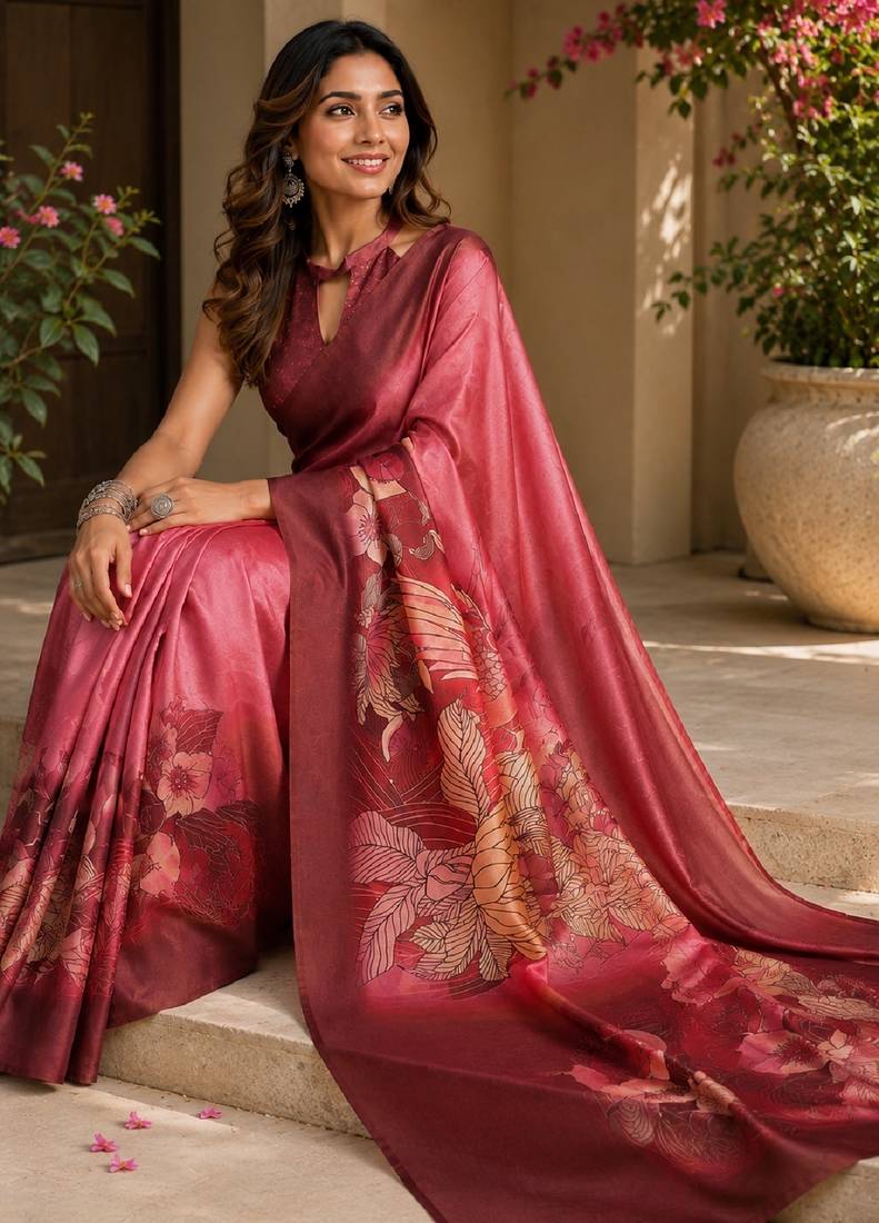 pink maroon chanderi cotton printed party wear festive 1 minute ready to wear saree with unstitched blouse piece