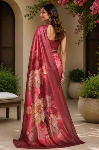 pink maroon chanderi cotton printed party wear festive 1 minute ready to wear saree with unstitched blouse piece