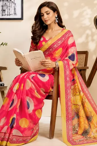 pink chanderi cotton printed work designer party wear festive 1 minute ready to wear saree with unstitched blouse piece