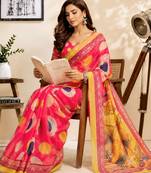 pink chanderi cotton printed work designer party wear festive 1 minute ready to wear saree with unstitched blouse piece