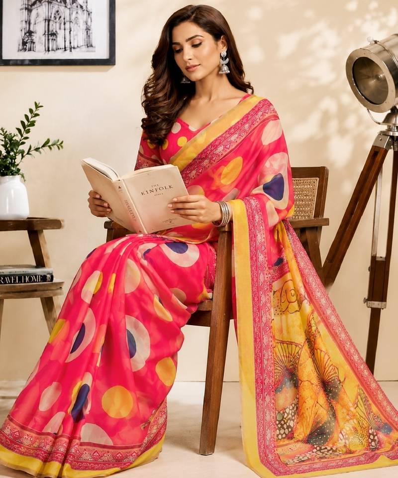 pink chanderi cotton printed work designer party wear festive 1 minute ready to wear saree with unstitched blouse piece
