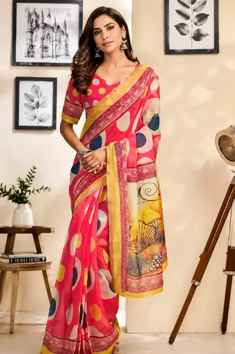 pink chanderi cotton printed work designer party wear festive 1 minute ready to wear saree with unstitched blouse piece