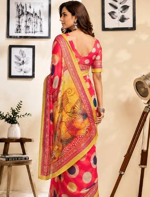 pink chanderi cotton printed work designer party wear festive 1 minute ready to wear saree with unstitched blouse piece 3