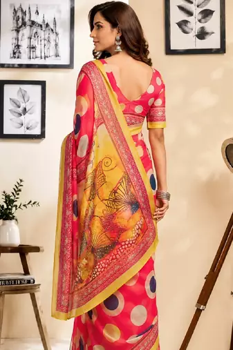 pink chanderi cotton printed work designer party wear festive 1 minute ready to wear saree with unstitched blouse piece