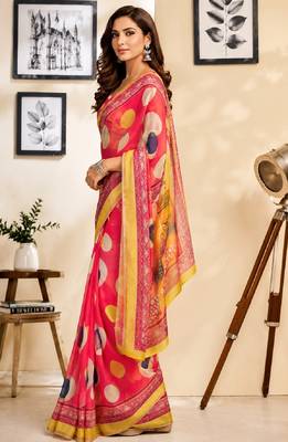 pink chanderi cotton printed work designer party wear festive 1 minute ready to wear saree with unstitched blouse piece 4