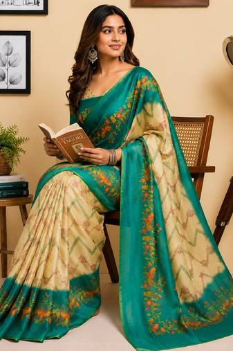 cream teal chanderi cotton printed  party wear festive 1 minute ready to wear saree with unstitched blouse piece