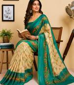 cream teal chanderi cotton printed  party wear festive 1 minute ready to wear saree with unstitched blouse piece