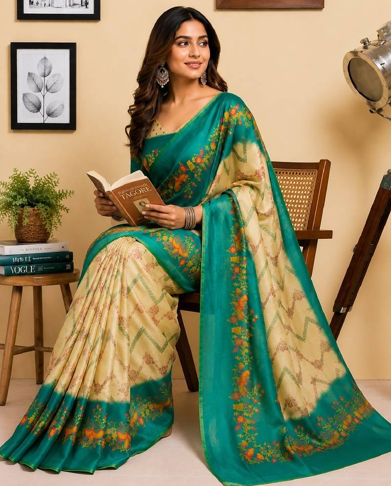 cream teal chanderi cotton printed  party wear festive 1 minute ready to wear saree with unstitched blouse piece