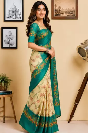 cream teal chanderi cotton printed  party wear festive 1 minute ready to wear saree with unstitched blouse piece