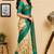 cream teal chanderi cotton printed  party wear festive 1 minute ready to wear saree with unstitched blouse piece