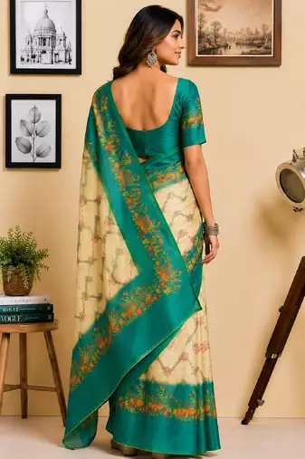 cream teal chanderi cotton printed  party wear festive 1 minute ready to wear saree with unstitched blouse piece