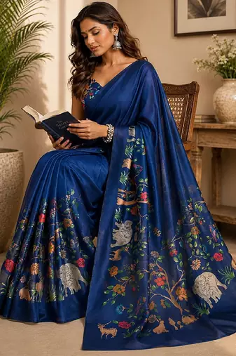 blue chanderi cotton printed work designer party wear festive 1 minute ready to wear saree with unstitched blouse piece