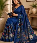 blue chanderi cotton printed work designer party wear festive 1 minute ready to wear saree with unstitched blouse piece