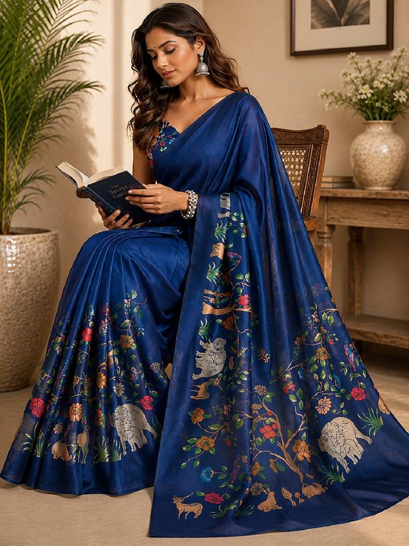 blue chanderi cotton printed work designer party wear festive 1 minute ready to wear saree with unstitched blouse piece
