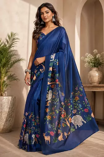 blue chanderi cotton printed work designer party wear festive 1 minute ready made saree piece