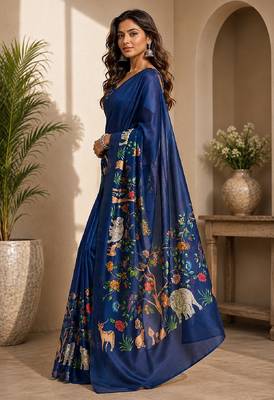 blue chanderi cotton printed work designer party wear festive 1 minute ready made saree piece 4