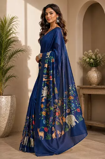 blue chanderi cotton printed work designer party wear festive 1 minute ready made saree piece