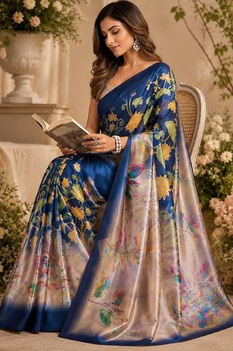 blue beige chanderi cotton printed  party wear festive 1 minute ready to wear saree with unstitched blouse piece