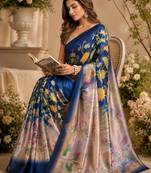 blue beige chanderi cotton printed  party wear festive 1 minute ready to wear saree with unstitched blouse piece