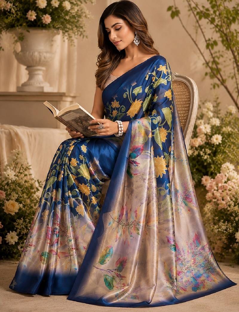 blue beige chanderi cotton printed  party wear festive 1 minute ready to wear saree with unstitched blouse piece