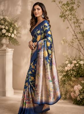 blue beige chanderi cotton printed party wear festive 1 minute ready to wear saree with unstitched blouse piece 2
