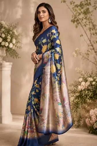 blue beige chanderi cotton printed  party wear festive 1 minute ready to wear saree with unstitched blouse piece