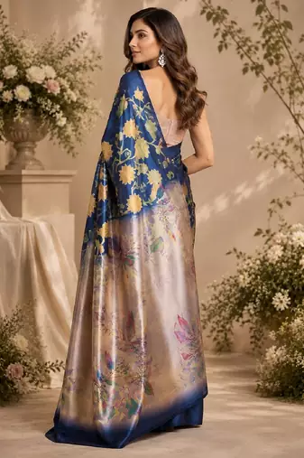 blue beige chanderi cotton printed  party wear festive 1 minute ready to wear saree with unstitched blouse piece