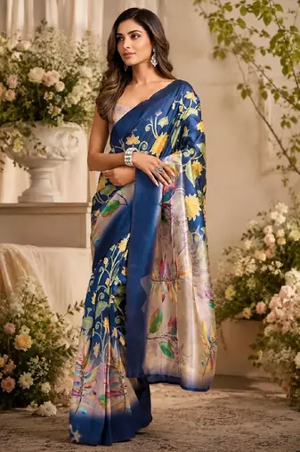 blue beige chanderi cotton printed  party wear festive 1 minute ready to wear saree with unstitched blouse piece